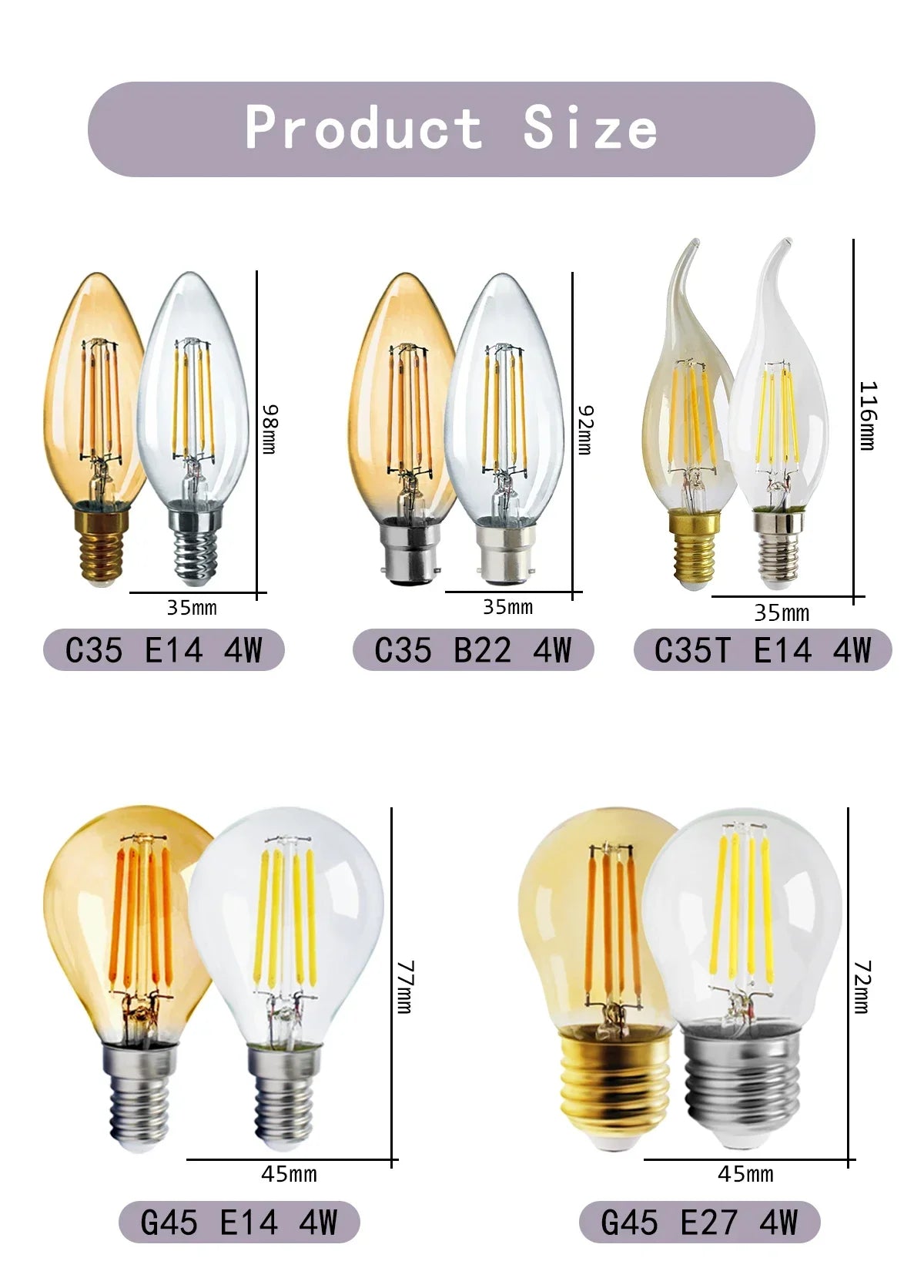Confezione da 10 lampadine a filamento LED per E27 B22 220V 240V 4W 6W 9W Lampadine a LED bianche calde Lampada in vetro vintage