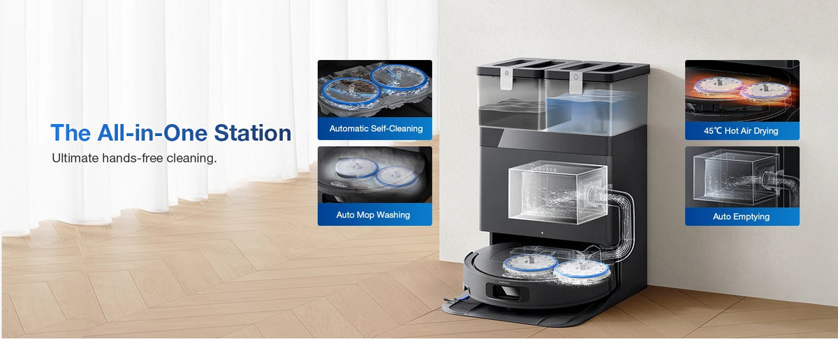 Robot aspirapolvere e lavapavimenti ECOVACS DEEBOT T30e OMNI, non si impiglia sui peli di animali domestici, autonomia di 180 minuti, silenzioso (64 dB), aspirazione da 25000 Pa, base con sistema di svuotamento automatico.