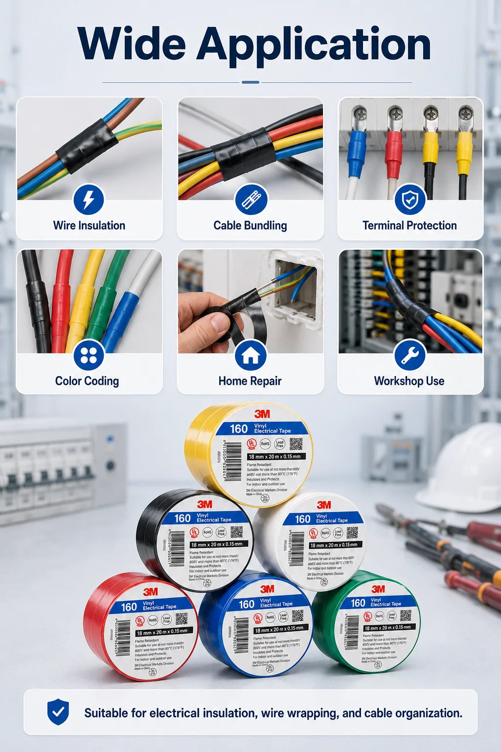 Nastro isolante in PVC 3M 150, ignifugo, senza piombo, per la riparazione di cavi e fili elettrici, 6 colori, 18mmx10m