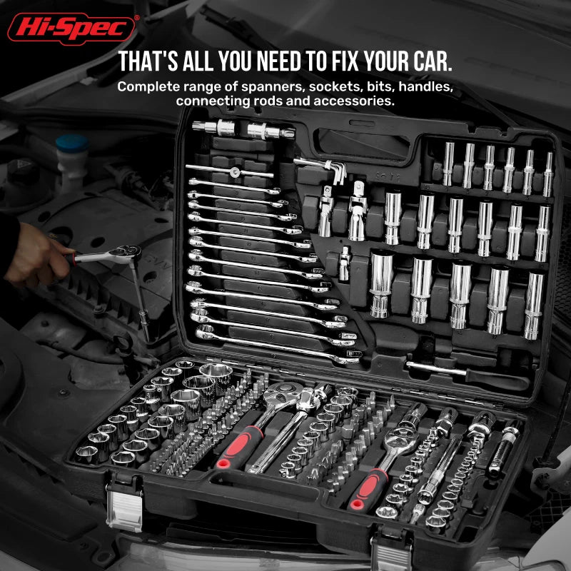 Set di Attrezzi Meccanici Hi-Spec 216 Pezzi, Kit di Utensili Manuali con Chiavi Miste 1/2" 1/4" 3/8", Set di Bussole per Riparazione Auto e Garage
