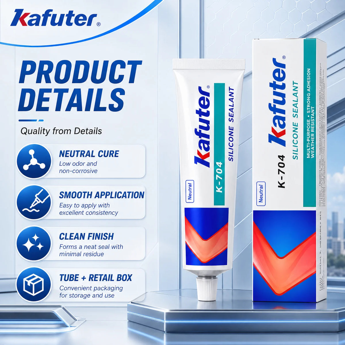 Kafuter K-704 Sigillante Siliconico a Polimerizzazione Neutra, Adesivo Impermeabile RTV per Sigillatura di Vetro, Metallo e Ceramica