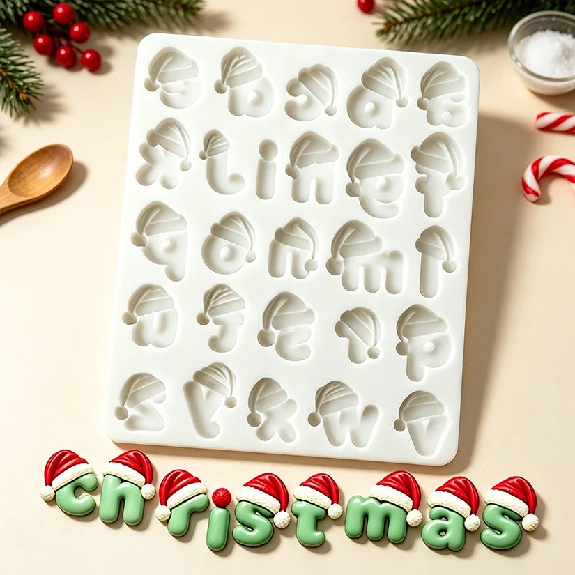 Stampo in silicone a forma di cappello di Babbo Natale con alfabeto e numeri per decorazioni in zucchero, resina, cupcake, pasticceria e decorazione di torte