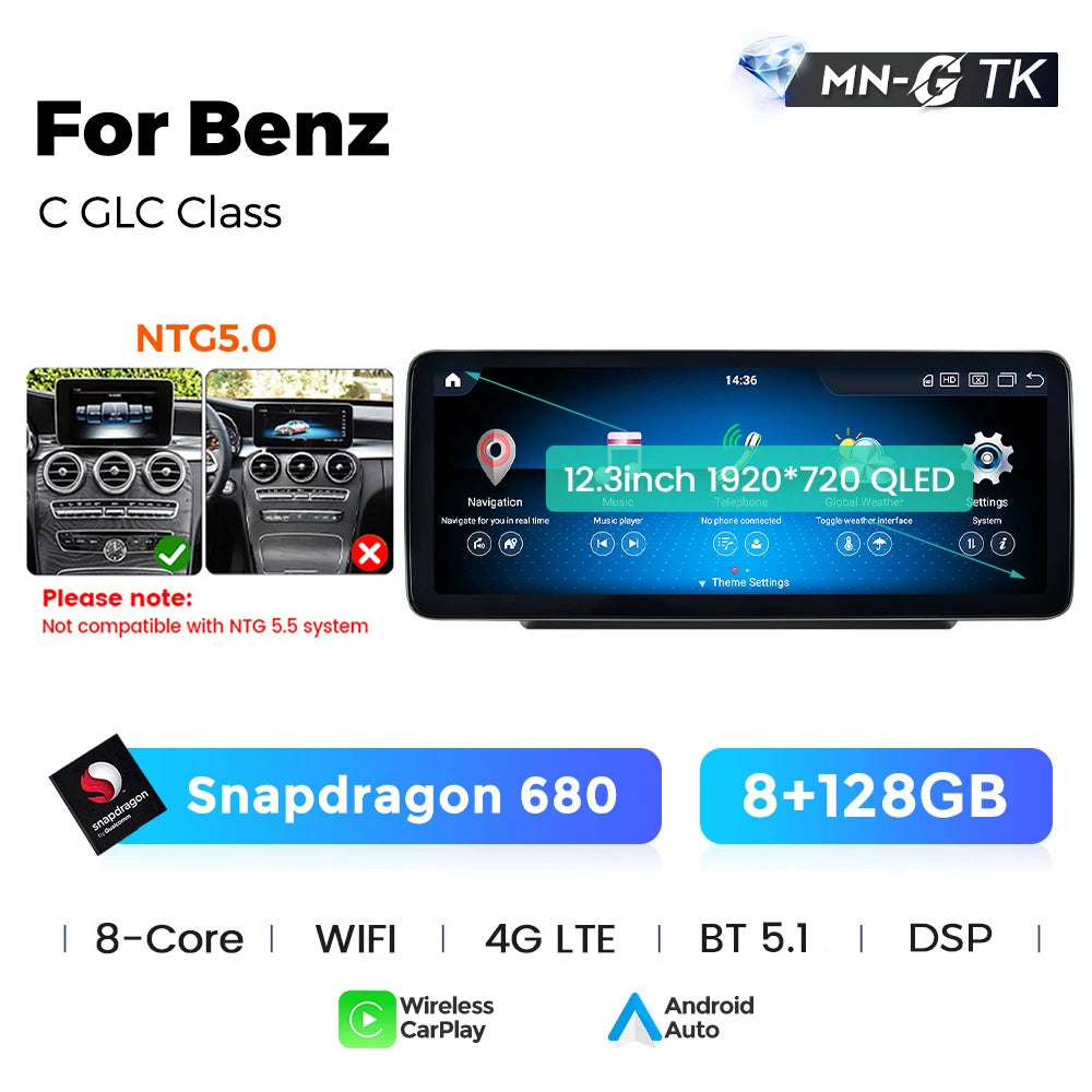 MEKEDE 10.25/12.3” QLED Snapdragon 4G Wireless CarPlay Auto per Mercedes Benz Classe C W205 S205 2014-2018 Lettore multimediale per auto
