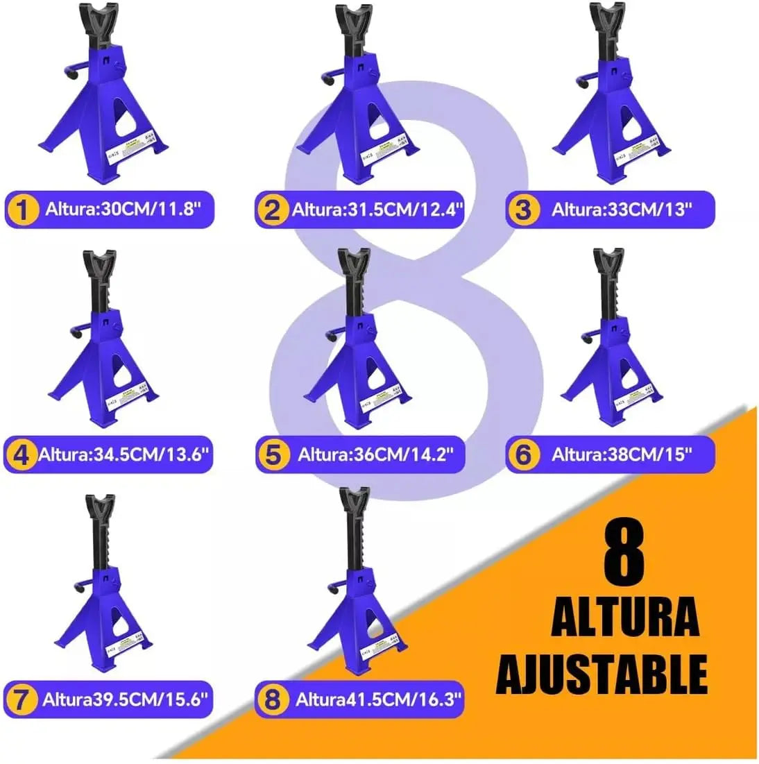 Supporti per Assali Auto e Furgoni da 3 Tonnellate, Robusti in Acciaio, Altezza Regolabile 29-43cm, Confezione da 2