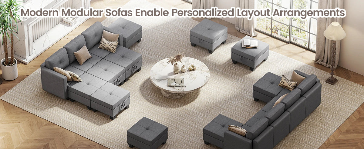 Divano componibile con spazio contenitore, chaise longue trasformabile per soggiorno e camera da letto