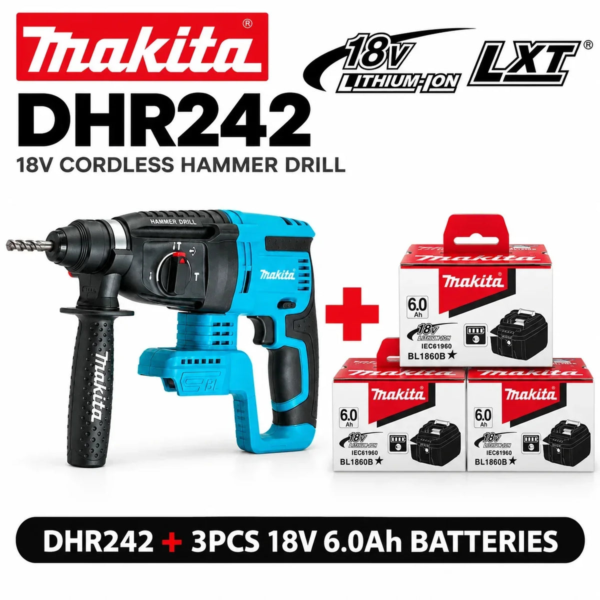 Makita DHR242, trapano a percussione rotante senza fili 18V LXT, motore brushless, 24 mm, per calcestruzzo, 4700 IPM, 2,0 J, sistema SDS Plus, 3 modalità, utensile elettrico per impieghi gravosi, compatibile con le batterie
