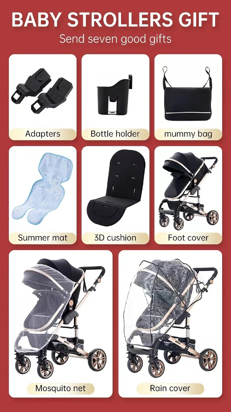 Passeggino 3 in 1 Facile da piegare Telaio in alluminio ad alto paesaggio Passeggino neonato con ruota in gomma per assorbimento degli urti a quattro ruote