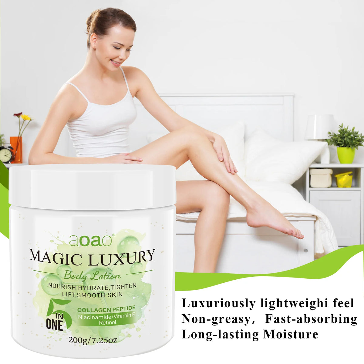 Lozione Corpo Idratante Profumata 5-in-1, Contiene Retinolo, Burro di Karité, Tè Verde, Collagene, Acido Ialuronico, Crema Corpo Nutriente Profonda per la Cura della Pelle 200g