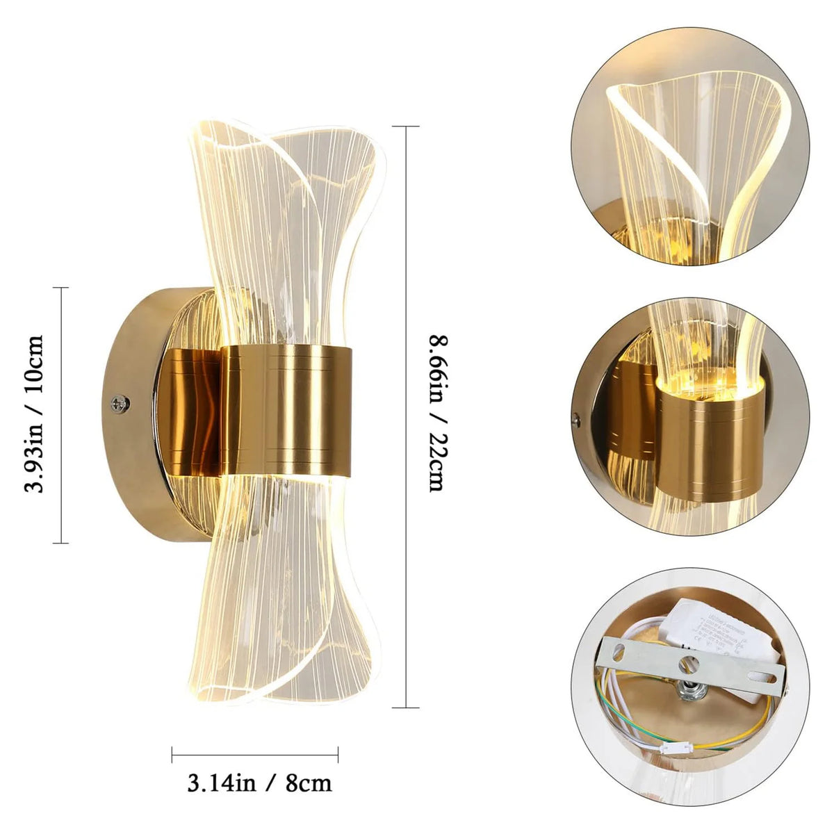 Lampada da parete per interni a LED 12W Lampada da parete moderna dimmerabile a 3 temperature di colore, illuminazione da parete in metallo acrilico per scale dell'ufficio della camera da letto