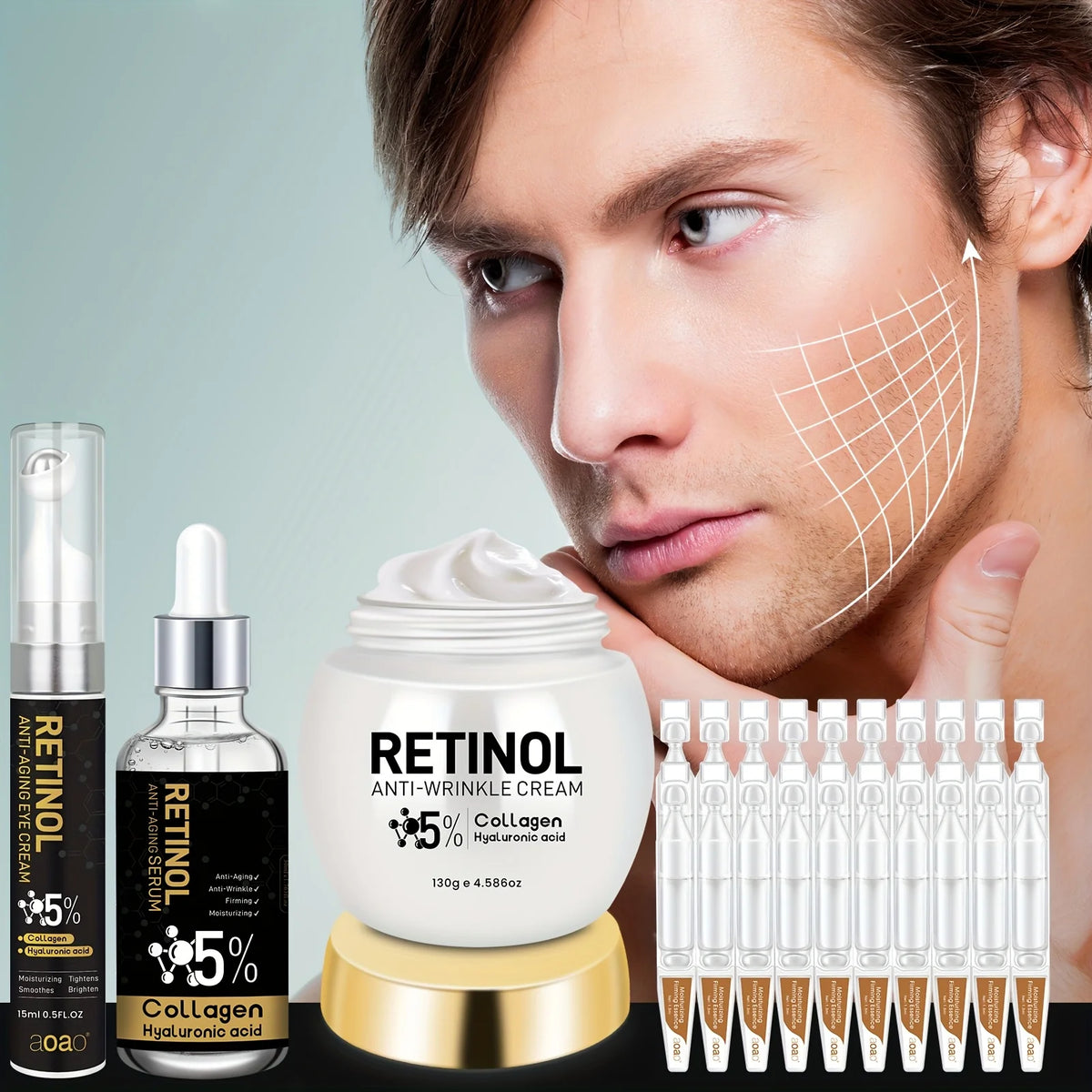 Set regalo da 23 pezzi per uomo con retinolo, idratazione profonda e anti-rughe, adatto per pelli secche e ruvide. Emulsione viso beige chiaro con una texture cremosa, perfetta come regalo di Natale. Trattamento anti-età che