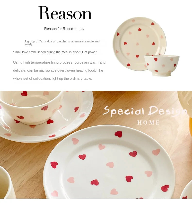 Set di stoviglie in ceramica a forma di cuore, piatto piano, insalatiera di riso, tazza da caffè, amore giapponese, regalo caldo per San Valentino