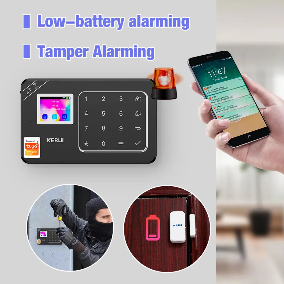 Sistema di Allarme Domestico KERUI WIFI 4G GSM Compatibile con App Tuya Smart Life, Alexa e Google, Sicurezza Wireless per Casa 433MHz