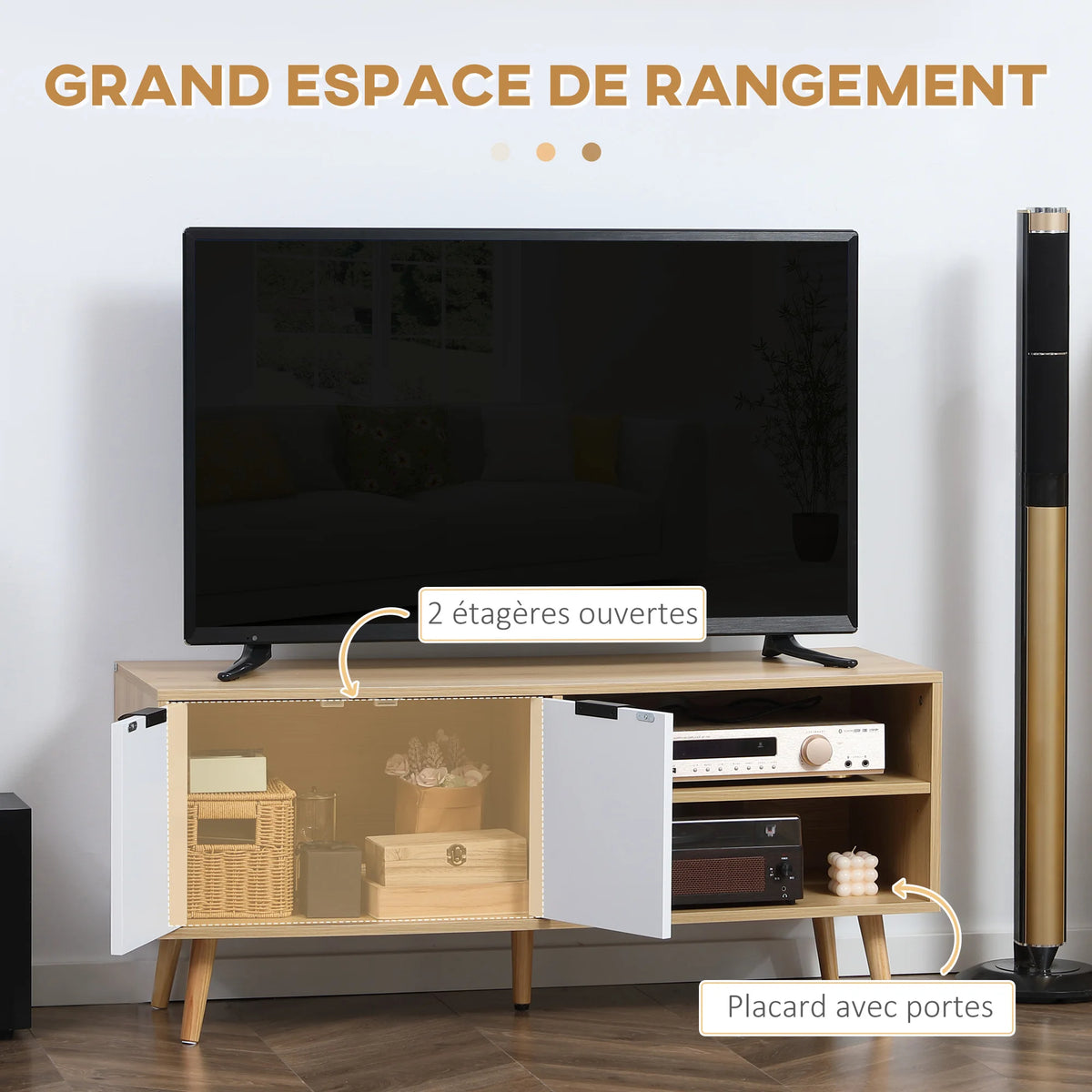 Mobile TV HOMCOM per televisori fino a 46 pollici, design scandinavo, 2 ante, 2 nicchie con passacavi, 110x39x cm