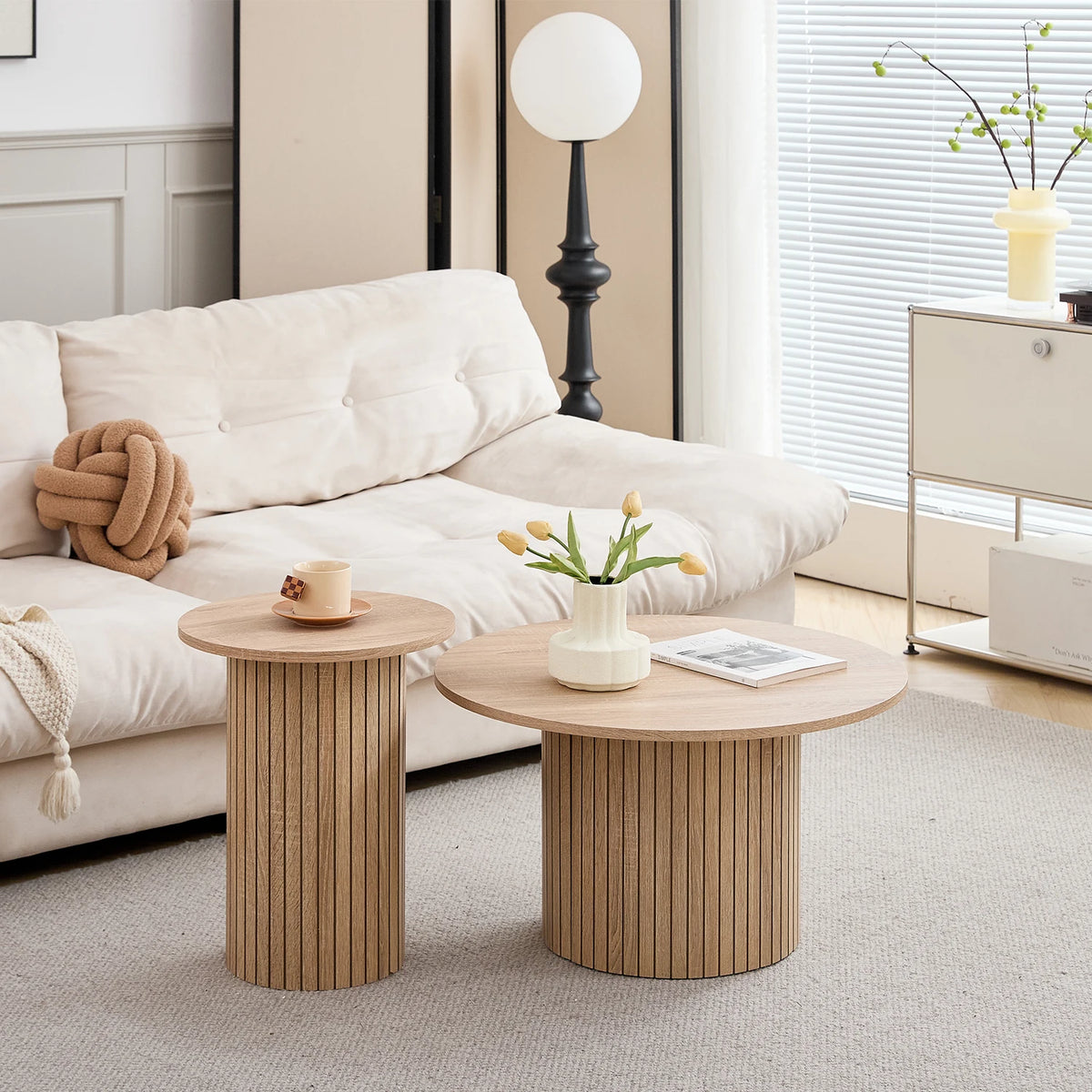 Set di 2 tavolini rotondi in legno in stile nordico, tavolino da caffè impilabile in legno, per mobili da soggiorno/camera da letto