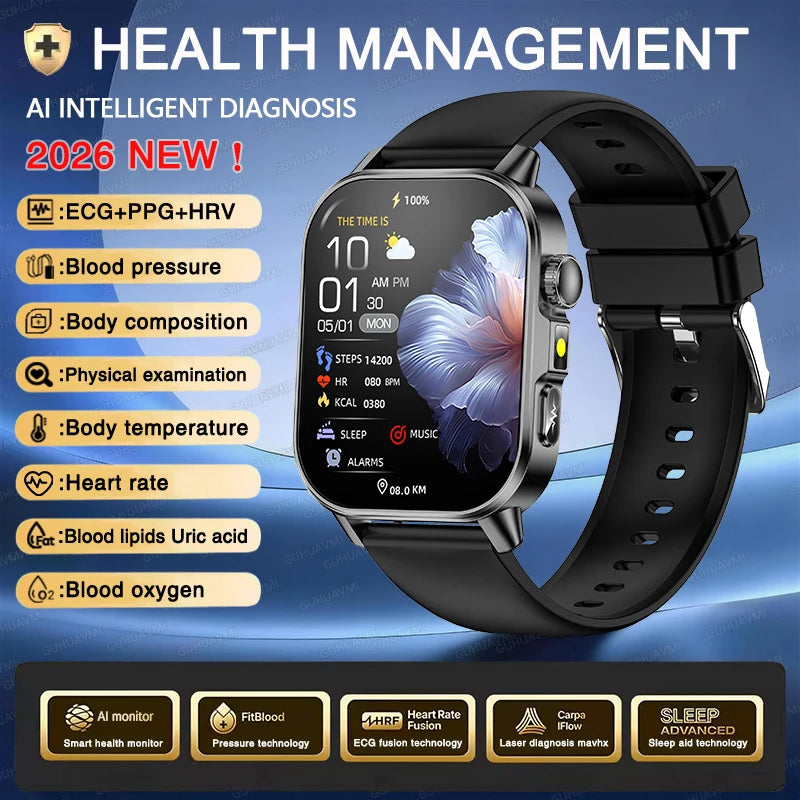 Nuovo Smartwatch per Uomo con Diagnosi ECG Accurata, Misurazione di Pressione Sanguigna, Ossigeno nel Sangue, Grasso nel Sangue, Acido Urico, Temperatura, Chiamate Bluetooth