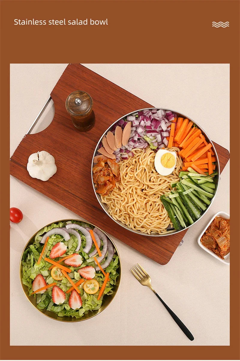 Ciotole per insalata di frutta in acciaio inossidabile spesso 15 cm/20 cm/25 cm Zuppa di riso Noodle Ramen Ciotola Ciotole per miscelazione Contenitore per alimenti Stoviglie da cucina