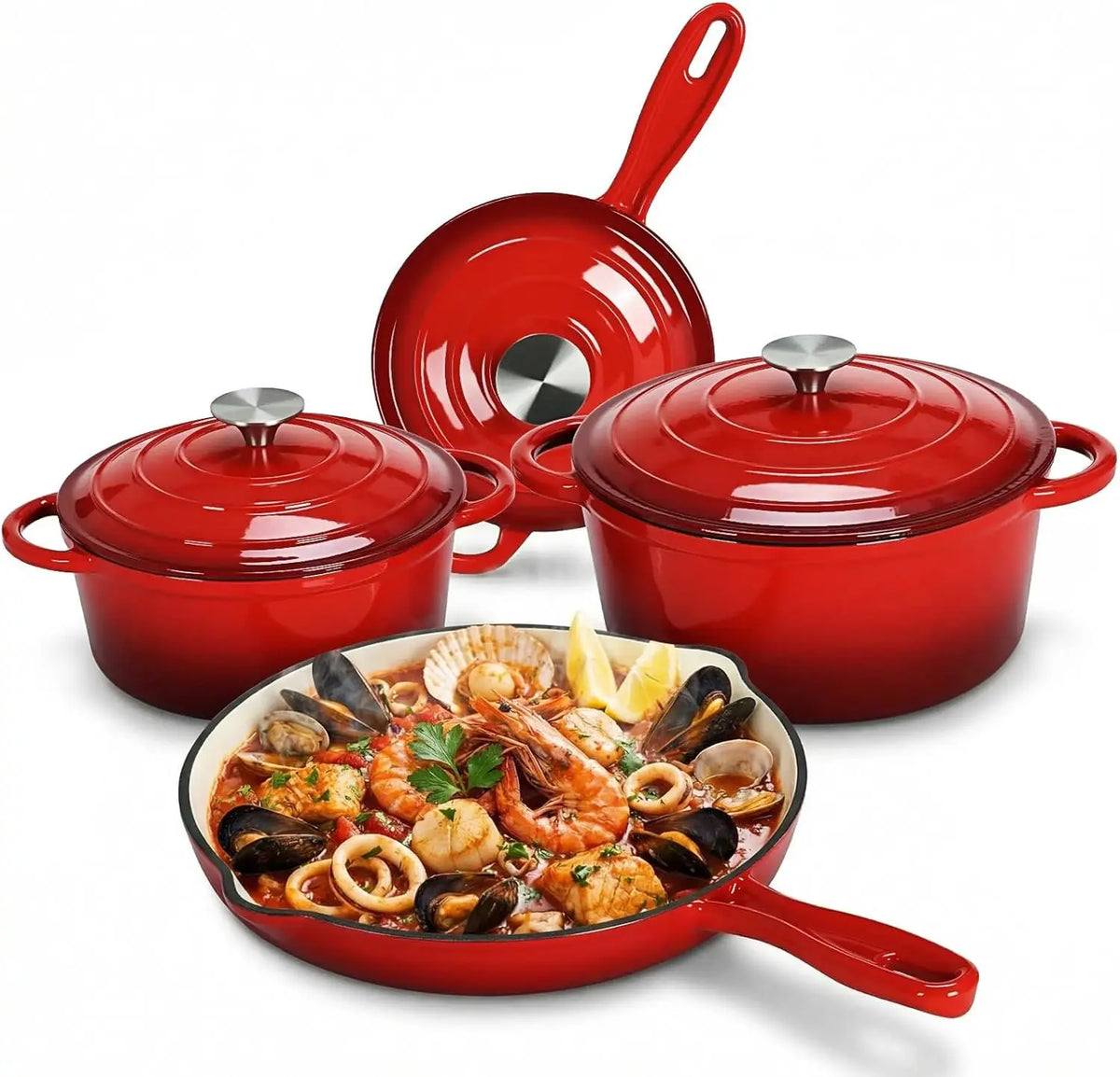 Set di Pentole in Ghisa Smaltata Antiaderente, 7 Pezzi, Set di Pentole e Padelle per Gas/Induzione, Senza PFOA e PFAS