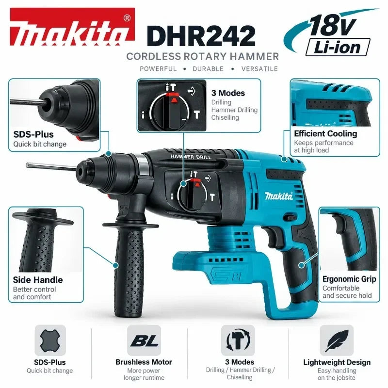 Trapano a percussione rotante senza fili Makita DHR242 18V, capacità per calcestruzzo 24mm, SDS Plus 4700 IPM 2.0J, utensile da costruzione per impieghi gravosi a 3 modalità, compatibile con BL1860B BL1850B BL1815, spedizio