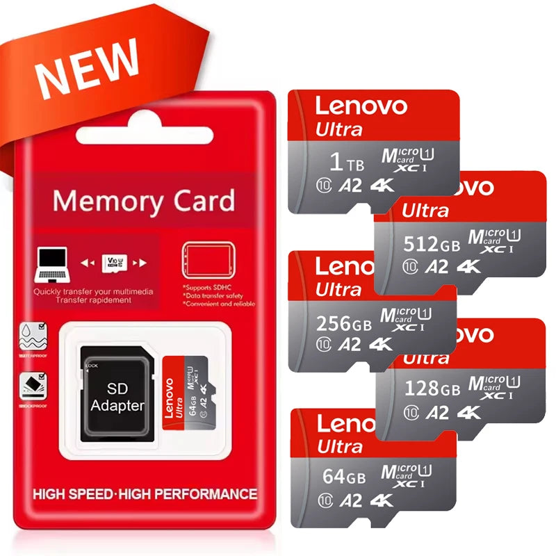 Scheda di memoria Lenovo da 1 TB, scheda di memoria ad alta velocità da 128 GB, scheda Micro SD da 512 GB e 256 GB, classe 10, scheda TF per smartphone, tablet e droni.