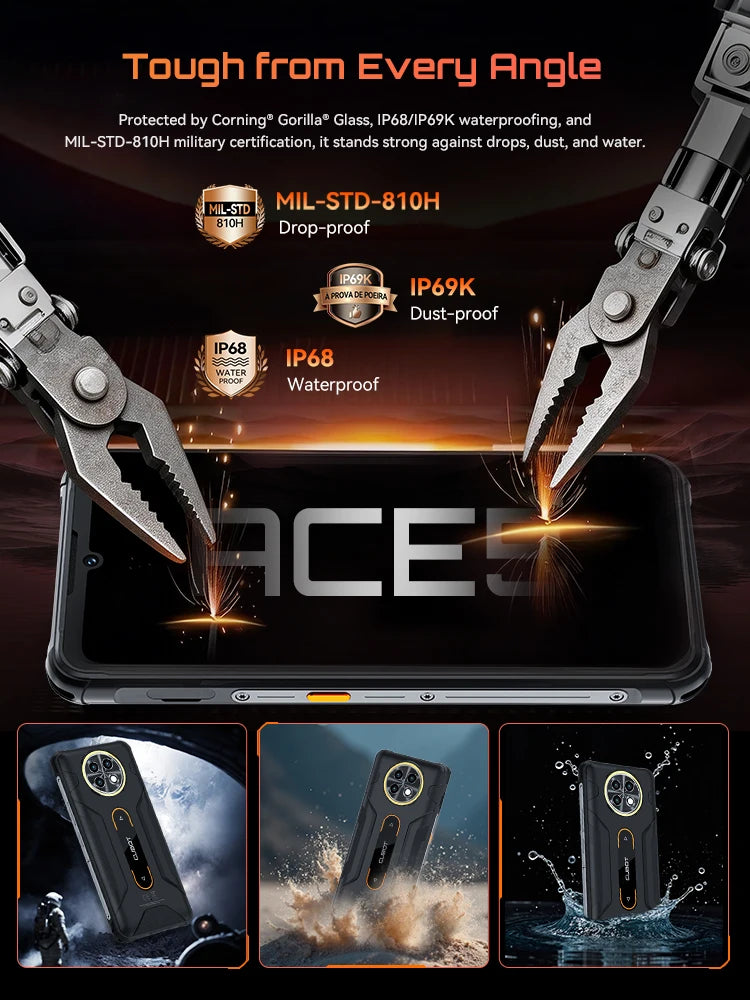 Telefono robusto Cubot KingKong ACE 5, Android 16, RAM espandibile 20GB(8+12) + ROM 256GB, Batteria 10200mAh, Schermo 6,745" 120Hz, Fotocamera 48MP, NFC, Torcia LED 1A