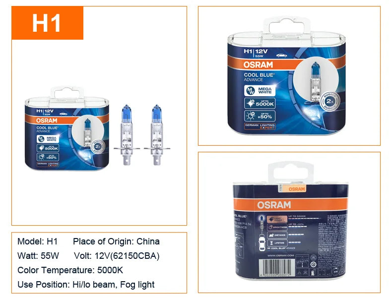 OSRAM Cool Blue Advance H4 H7 H9 H11 12V 5000K Bianco puro H1 H3 HB3 HB4 Xenon Look Auto Lampade alogene Faro originale