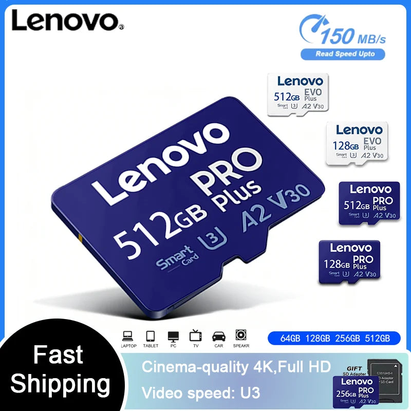 Scheda di memoria Lenovo TF, Micro SD, 128 GB, 256 GB, 512 GB, 1 TB, UHS-I, U3, V30, impermeabile, resistente agli urti, per smartphone, tablet e sistemi di videosorveglianza.