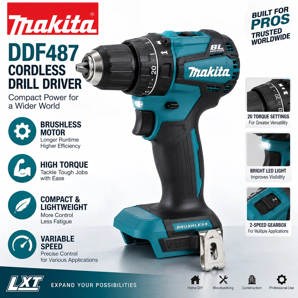 Trapano avvitatore a batteria Makita DDF487 18V LXT, compatto, leggero, con elevata coppia, 20 impostazioni di coppia, luce LED e cambio a 2 velocità.