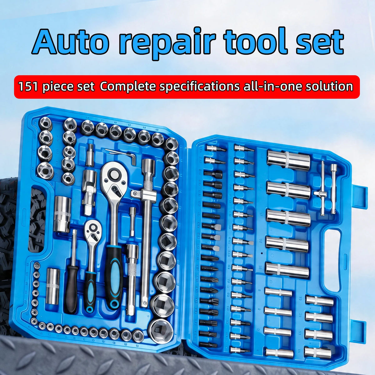 Set di Chiavi a Bussola da 53/82/108/151 Pezzi con Attacco da 1/4", 3/8", 1/2" e Kit di Punte a Cricchetto per Riparazione Auto e Moto, Utensili Manuali da Meccanico con Valigetta