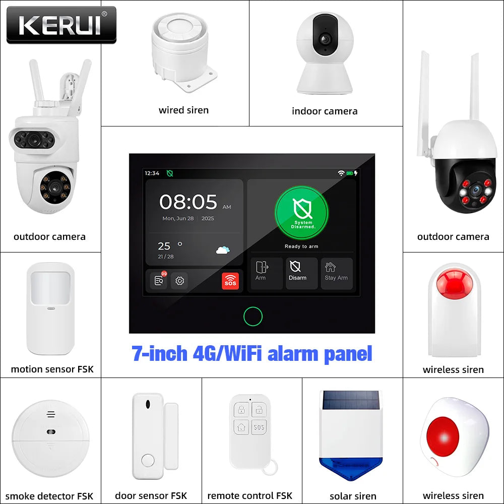 KERUI NUOVO Allarme domestico wireless 4G + WiFi con ampio touch screen IPS da 7 pollici Sistema di allarme intelligente Tuya con sensore di movimento per la casa
