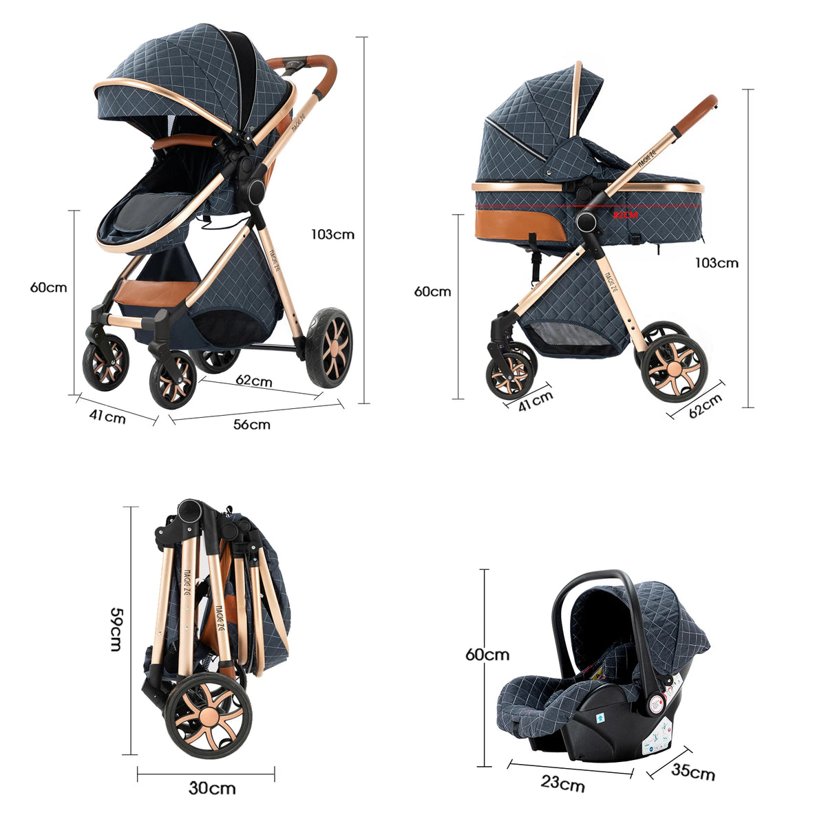 Passeggino Magic ZC 3 in 1, Sistema da Viaggio Compatto e Pieghevole con Navicella, Seggiolino Auto per Neonati e Seduta Reversibile, Carrozzina High Landscape, Ruote Ammortizzate, Manubrio Regolabile, Chiusura con Una Mano,
