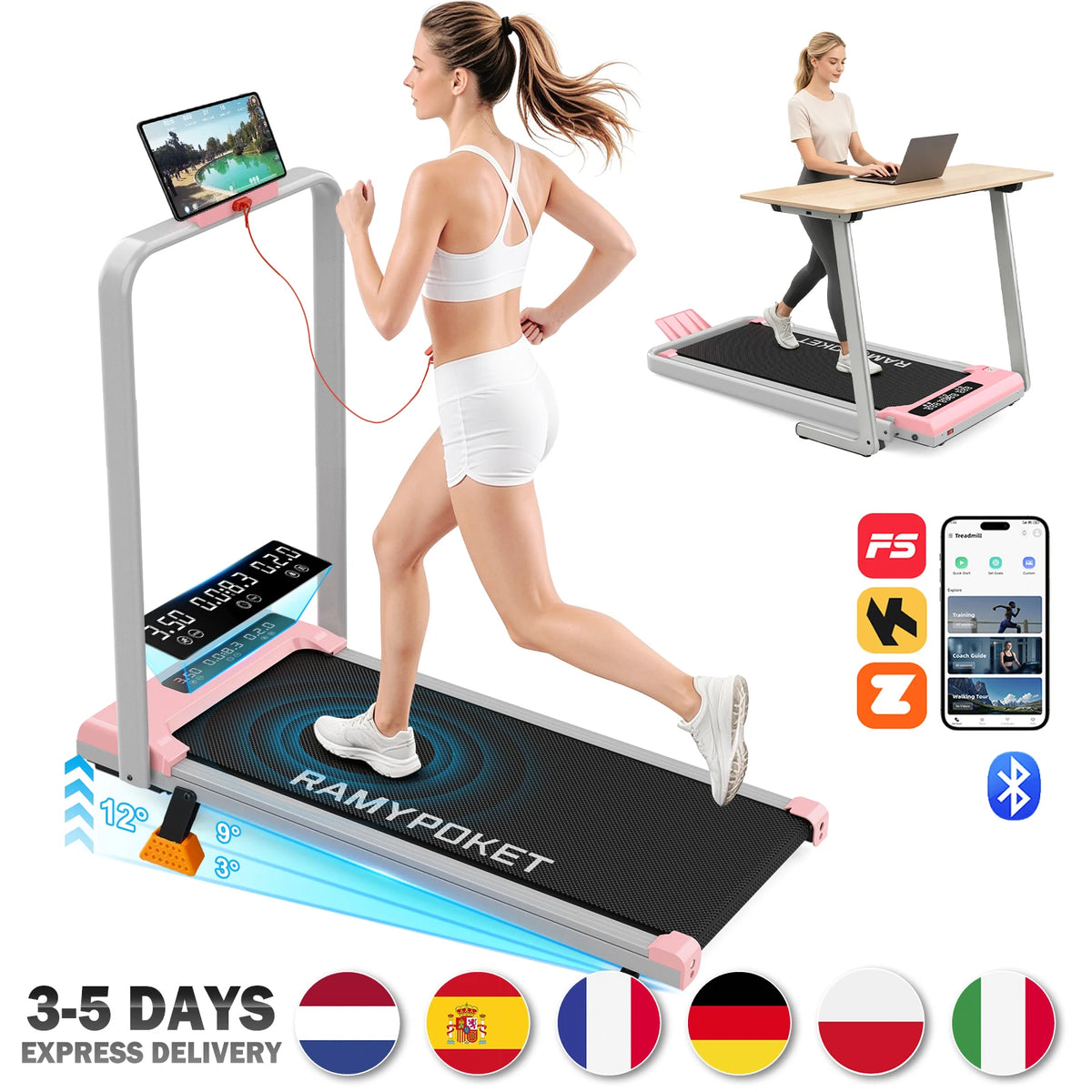Tapis roulant con inclinazione del 9%, silenzioso, 2.5HP, 1-10km/h, APP e LED, tapis roulant con maniglia, tapis roulant per casa, 150kg