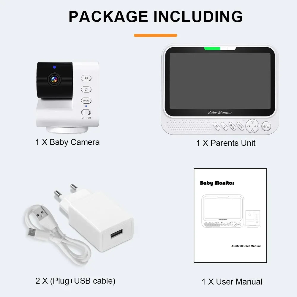 Monitor per bambini intelligente da 7 pollici con telecamera PTZ avanzata, zoom, sensore di temperatura, funzione di ninna nanna rilassante, visione notturna e audio bidirezionale. Offre una sorveglianza affidabile per la sic