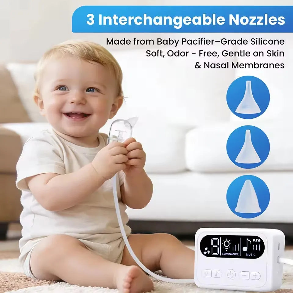 Aspiratore Nasale Elettrico per Neonati di Alta Qualità, Comodo Aspiratore per Muco con 3 Ugelli, Silenzioso, Display LCD e Musica Integrata