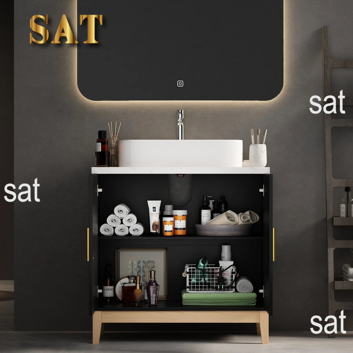 Mobile da bagno moderno con lavabo e 2 ante portaoggetti, mobile lavabo con porta troppopieno e maniglie in metallo, nero