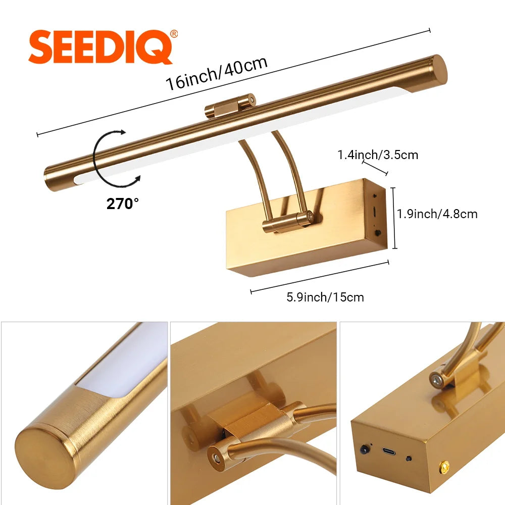 SEEDIQ Lampada da parete a LED ricaricabile in bronzo 4400mAh Batteria a lunga durata 40CM Luce per immagini wireless con telecomando per opere d'arte
