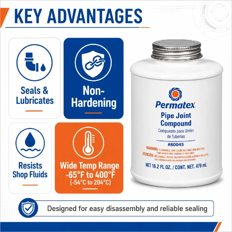 Permatex 80045 Sigillante per Giunti di Tubi Resistente al Calore per Linee di Acqua, Olio e Carburante Non Indurente 479mL