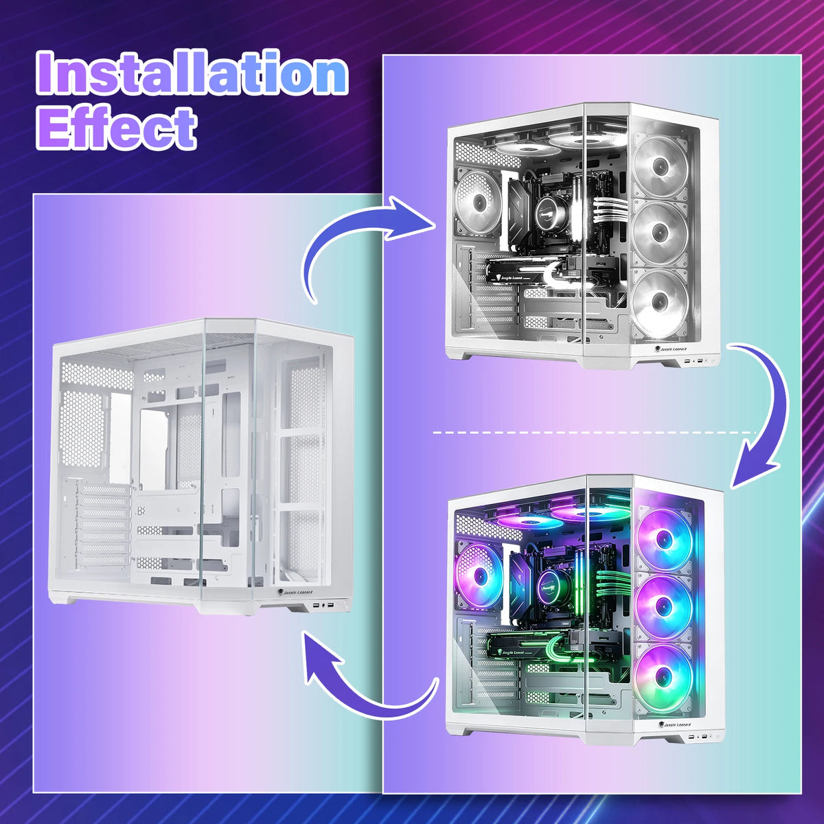 Case per PC ATX, con elevata capacità di circolazione dell’aria, struttura modulare per PC desktop, dotato di pannelli in vetro temperato sul frontale e sui lati, compatibile con schede madri ITX, MATX ed EATX.