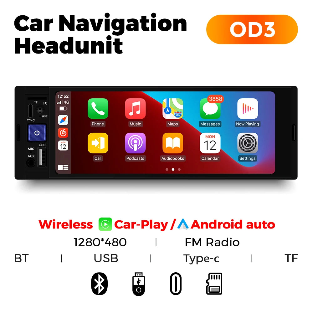 MEKEDE Lettore Video 4K da 5.2/6.86/6.88 Pollici, CarPlay Wireless, Android Auto, Radio FM Multimediale Universale 1DIN con USB Type-C, TF, AUX, ISO, RCA
