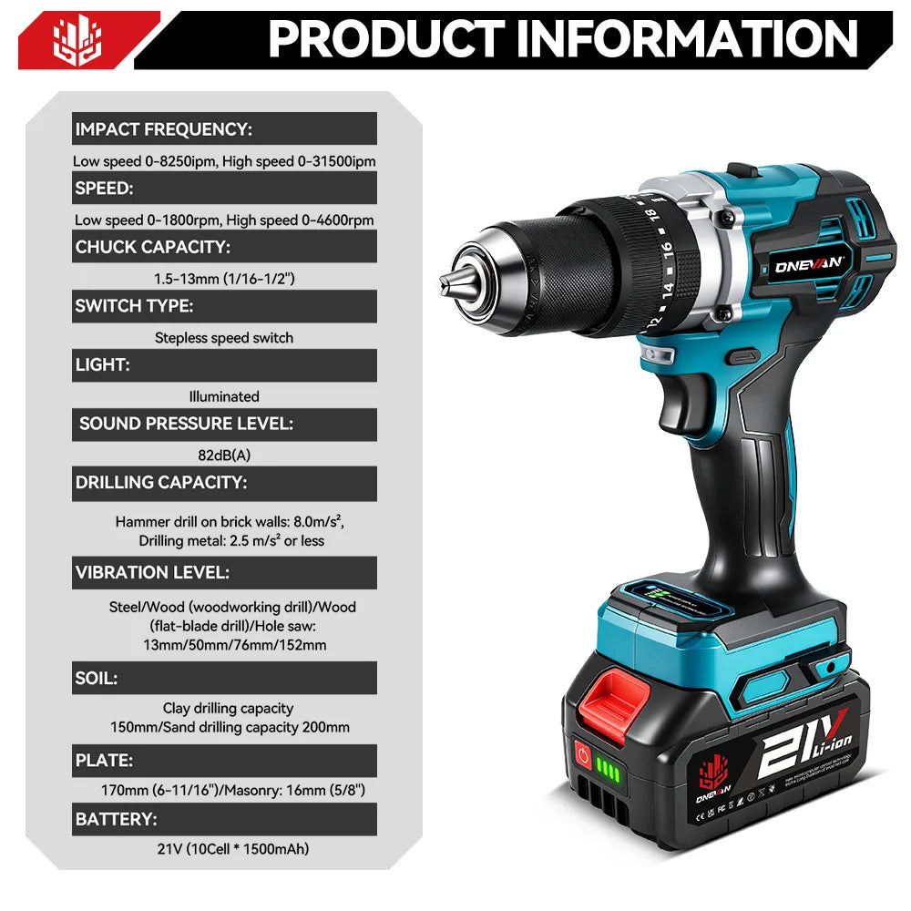 Trapano elettrico brushless ONEVAN 1500W, avvitatore a batteria, martello perforatore per lavorazione del legno, utensile elettrico compatibile con batteria Makita 18V.