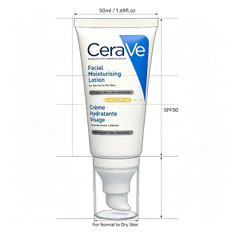 CeraVe Lozione AM SPF50 52ml, Cura Idratante a Lunga Durata per Pelle Normale e Secca