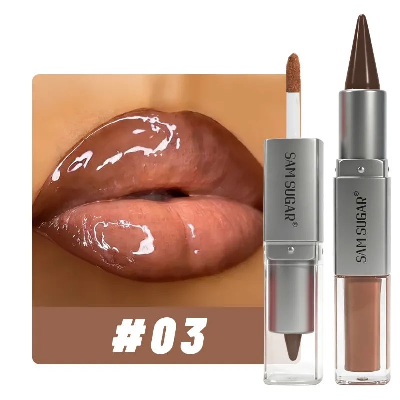 Matita Labbra 2-in-1 Sfumata Marrone Nude con Lucidalabbra Effetto Specchio e Contorno Labbra Opaco Impermeabile per Trucco