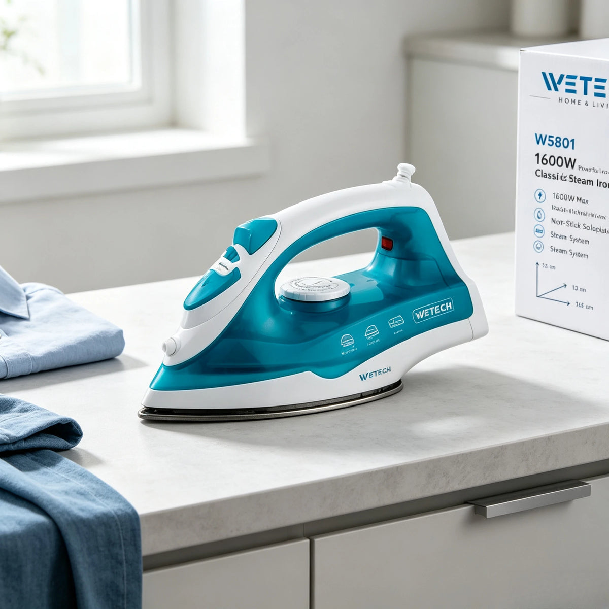 Ferro da stiro elettrico a vapore WETECH, serie W5801‑W5806, potenza massima 1200‑2200W, ideale per la stiratura dei capi, con funzione di autopulizia, controllo del vapore regolabile, piastra in acciaio/ceramica/antisciv