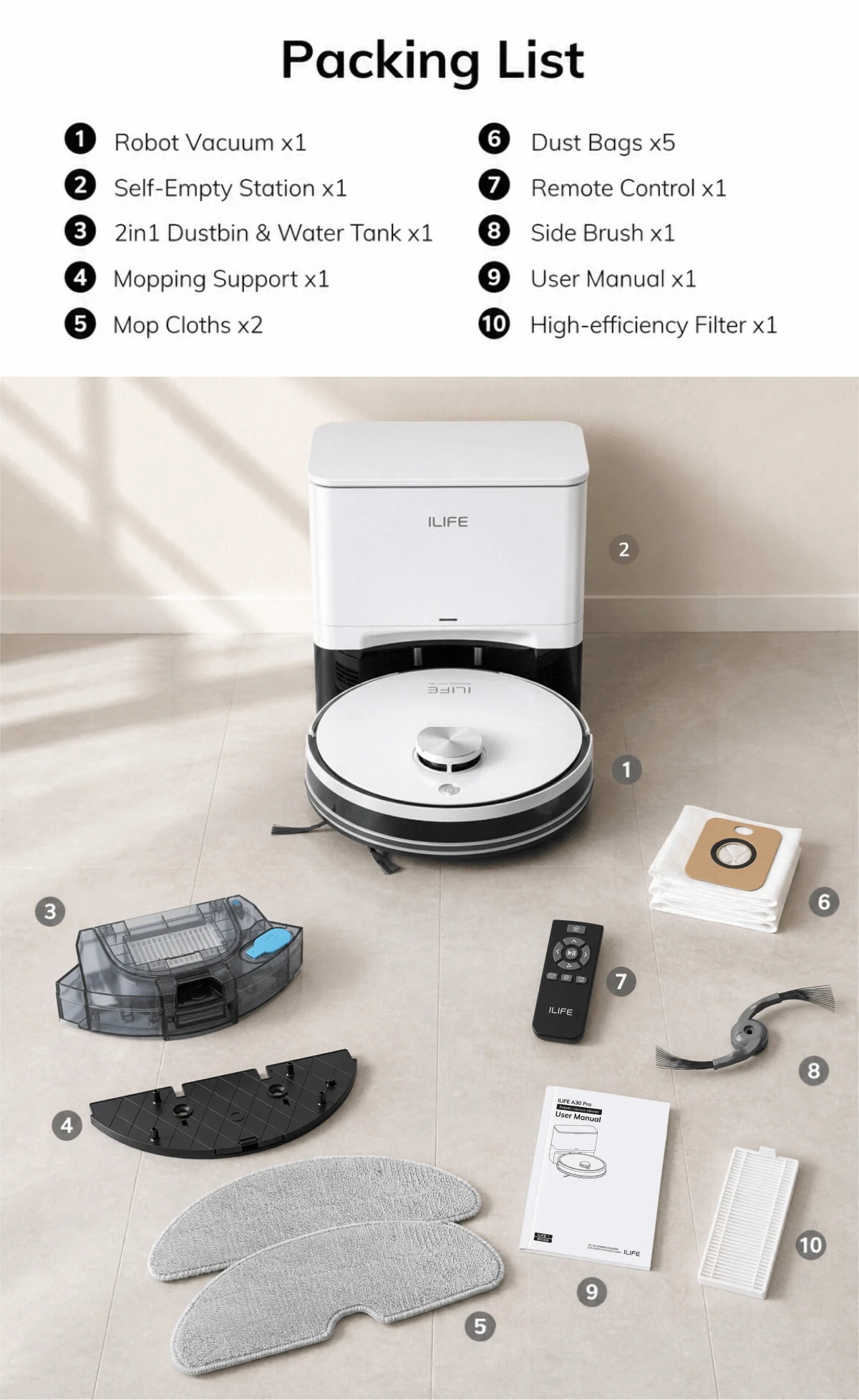 Robot Aspirapolvere ILIFE A30 Pro con Stazione di Svuotamento Automatico, Forte Aspirazione 5000Pa, Navigazione LDS, 180 Minuti di Autonomia, Funzione 2-in-1 Lavaggio e Spazzamento, Controllo APP, Pulizia di Pavimenti e Tappe