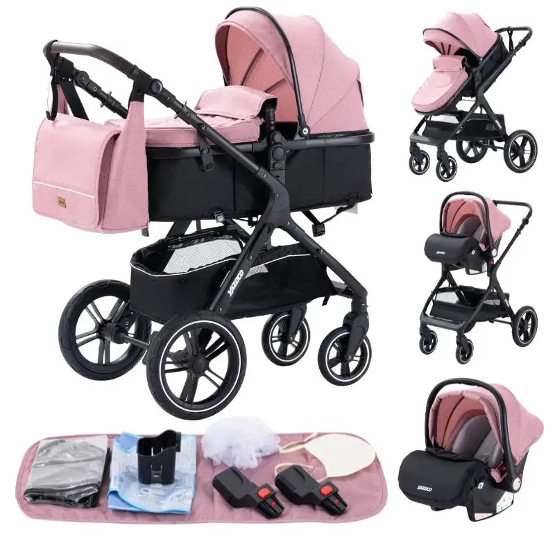 Passeggino 3 in 1 Facile da piegare Telaio in alluminio ad alto paesaggio Passeggino neonato con ruota in gomma per assorbimento degli urti a quattro ruote