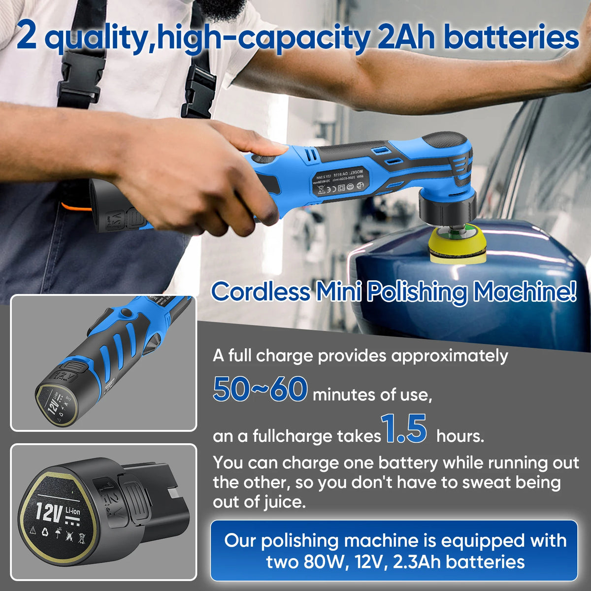 Lucidatrice per auto portatile a batteria 12V, con doppia modalità di funzionamento (rotazione e oscillazione), dotata di kit di tamponi da 1/1,5/2 pollici, strumento elettrico senza fili per la cura e la lucidatura dell’a