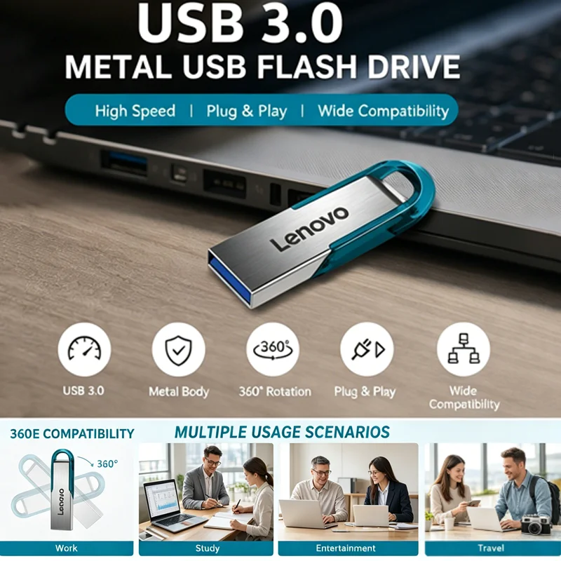 Chiavetta USB 3.0 ad alta velocità Lenovo - Chiavetta portatile in metallo, disponibile in diverse capacità: 256 GB, 1 TB, 128 GB, 64 GB, 512 GB, per l'archiviazione di dati.