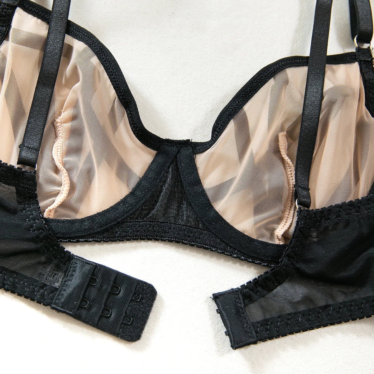 Saldi di liquidazione: Completi intimo sexy a quadri irregolari, 2 pezzi, con inserti in rete trasparente, reggiseni e perizomi, abiti erotici intimi