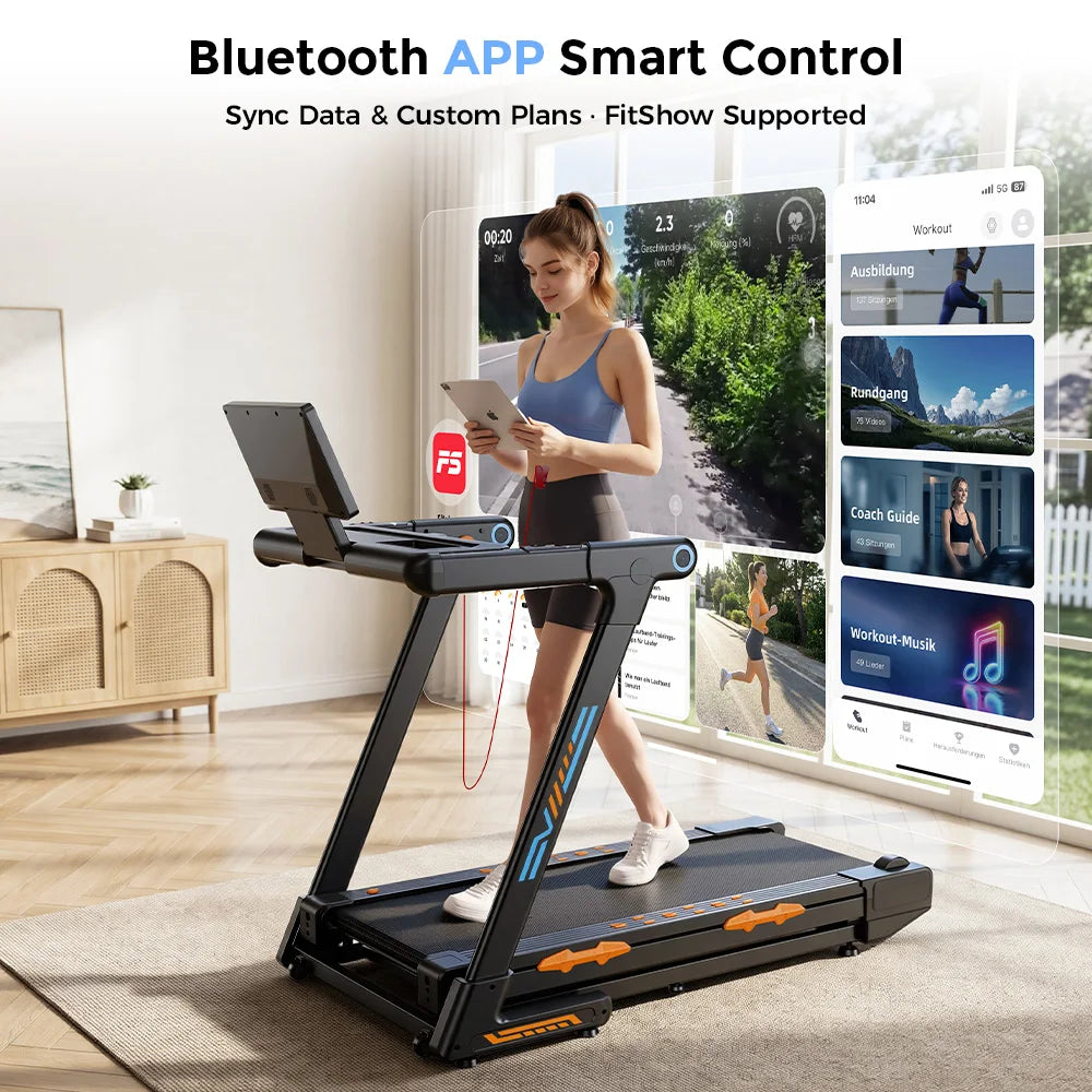 Treadmill Pieghevole FT71 4.0HP, Pedana da Camminata con Inclinazione Automatica del 24%, Macchina da Corsa con APP, Ricarica Wireless, Display LED, Capacità 150KG