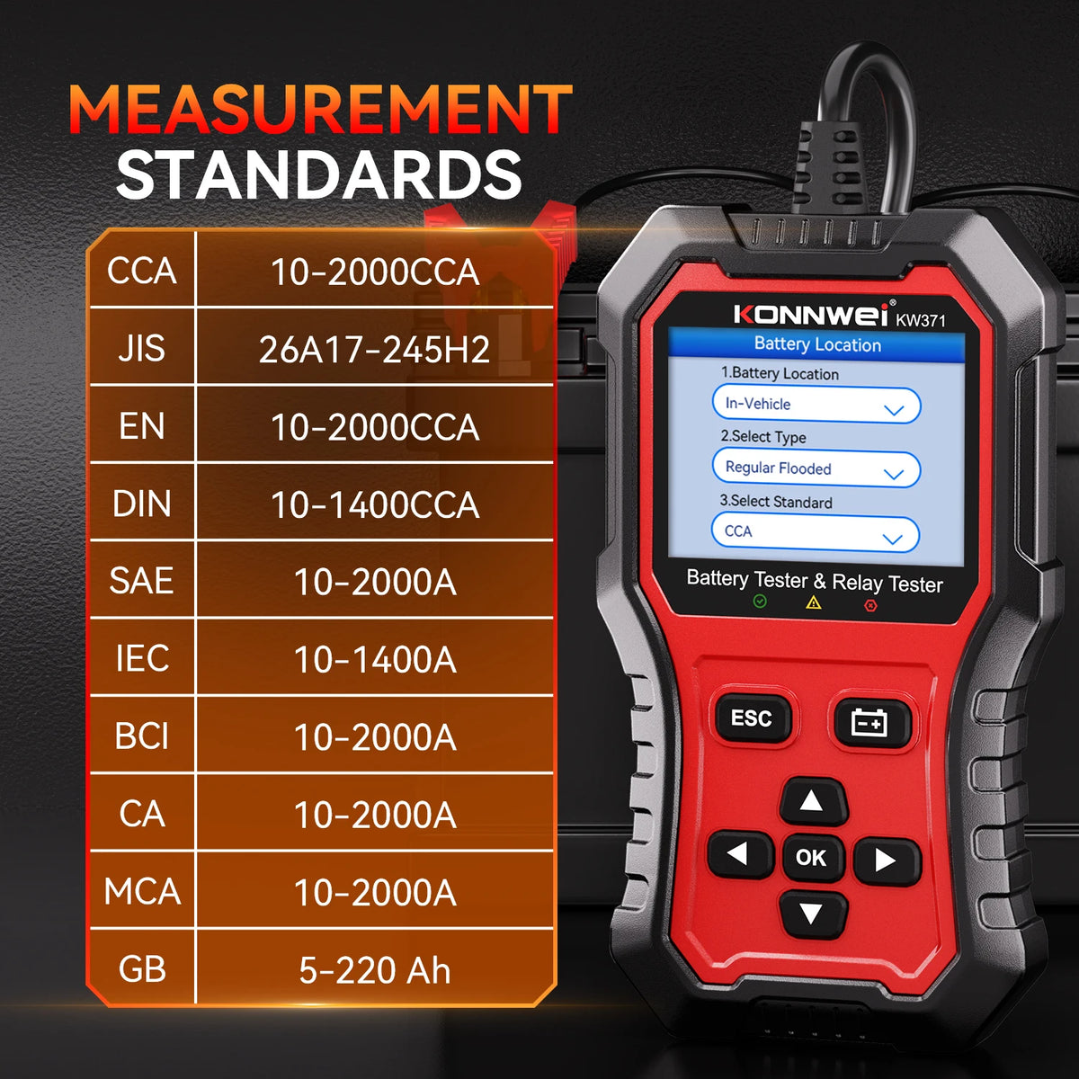 Tester Batteria Auto 2in1 KONNWEI KW371 2026 e Tester Relè a 4 Pin 5 Pin 6V 12V 24V con Stampa Dati Guasto, Test Avvio e Strumento di Scansione Ricarica