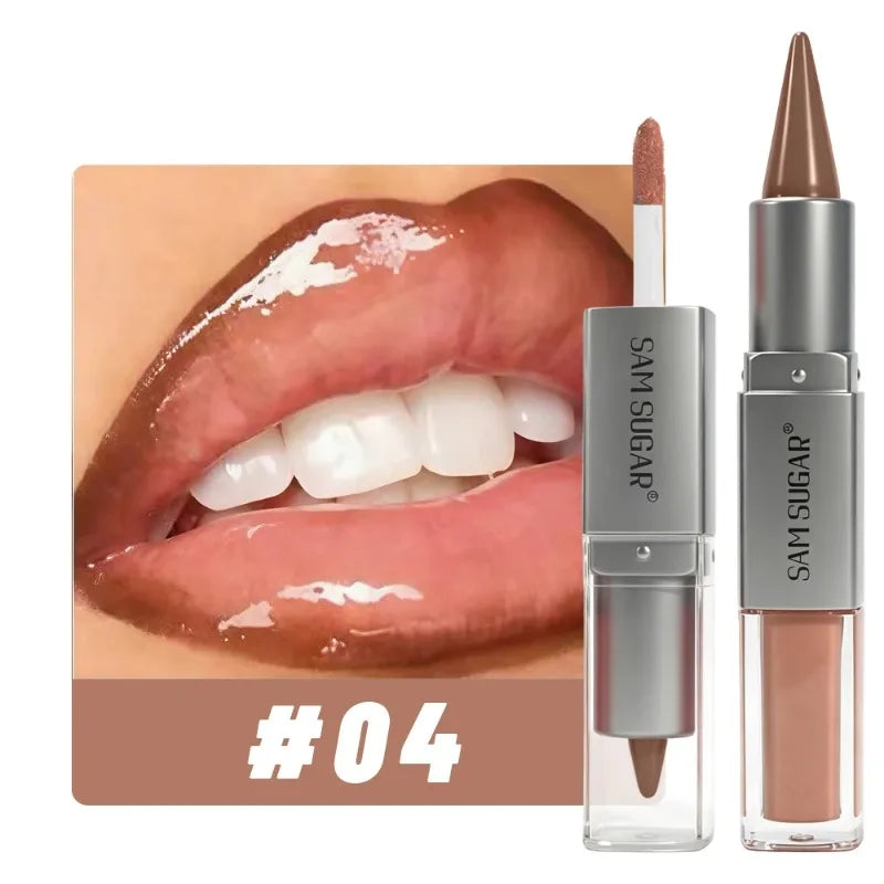Matita Labbra 2-in-1 Sfumata Marrone Nude con Lucidalabbra Effetto Specchio e Contorno Labbra Opaco Impermeabile per Trucco